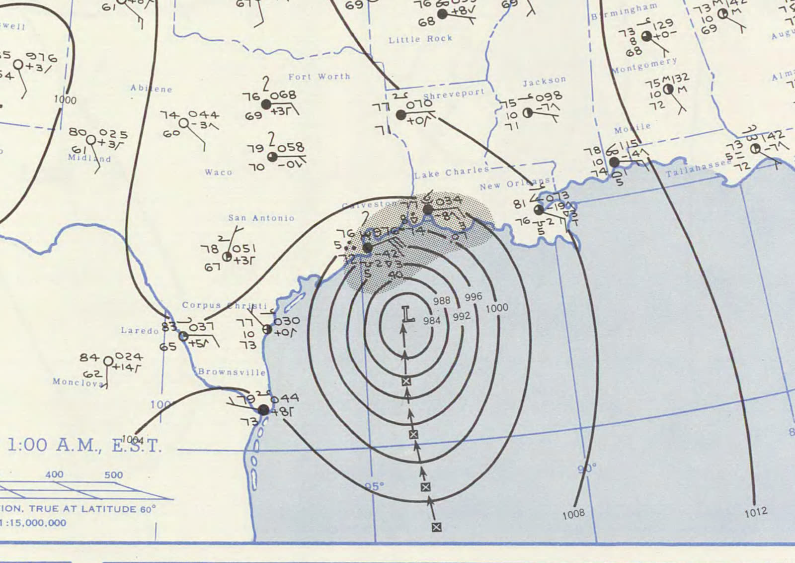 Surface weather map the morning of landfall, June 27, 1957