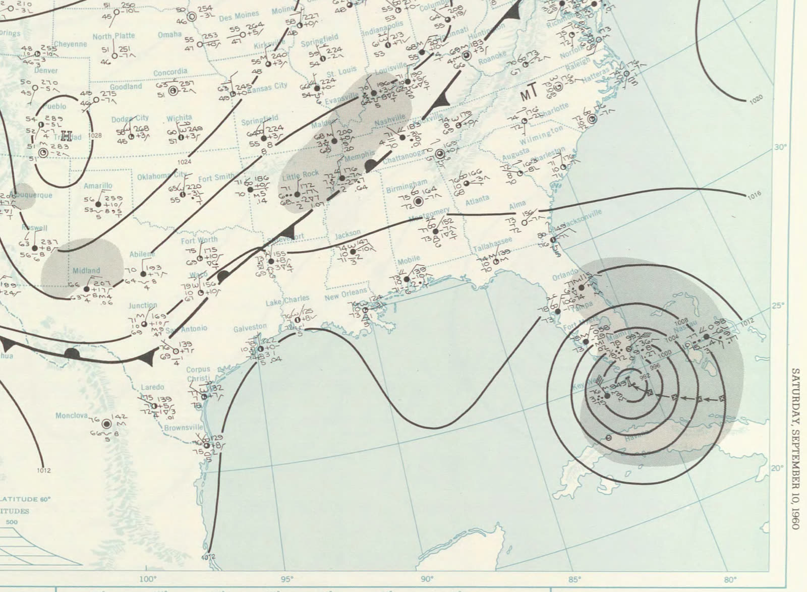 U.S. Weather Bureau surface map, September 10, 1960, Donna at the Florida Keys