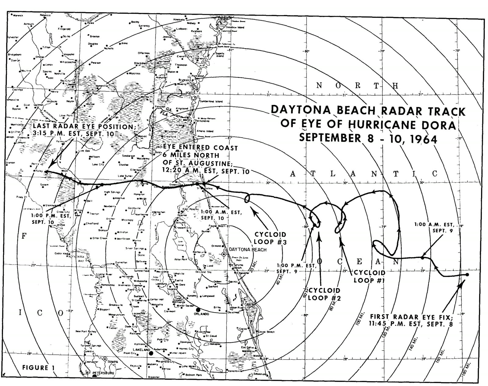Detail of Dora's slow, erratic final approach into St. Augustine - the crawl that prolonged surge and erosion