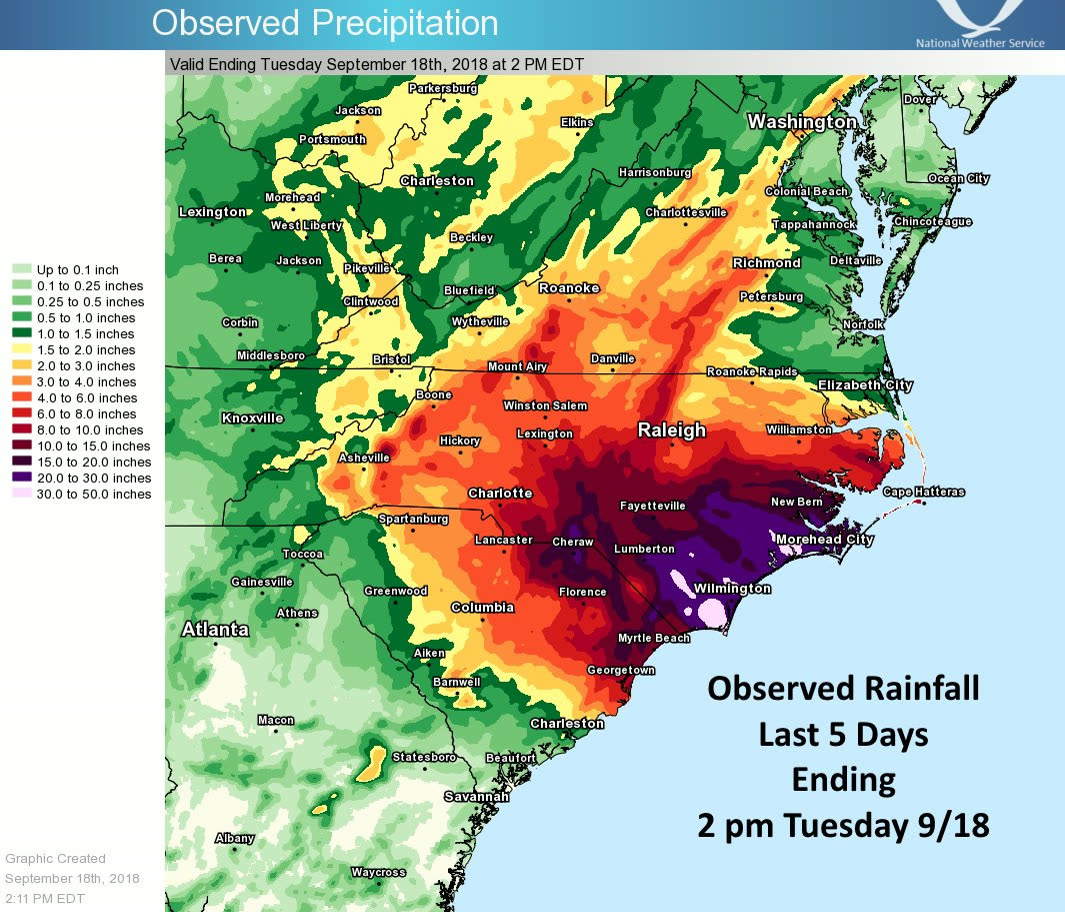 Rainfall totals, 35.93 in at Elizabethtown, NC and 23.63 in at Loris, SC, both state tropical-cyclone records