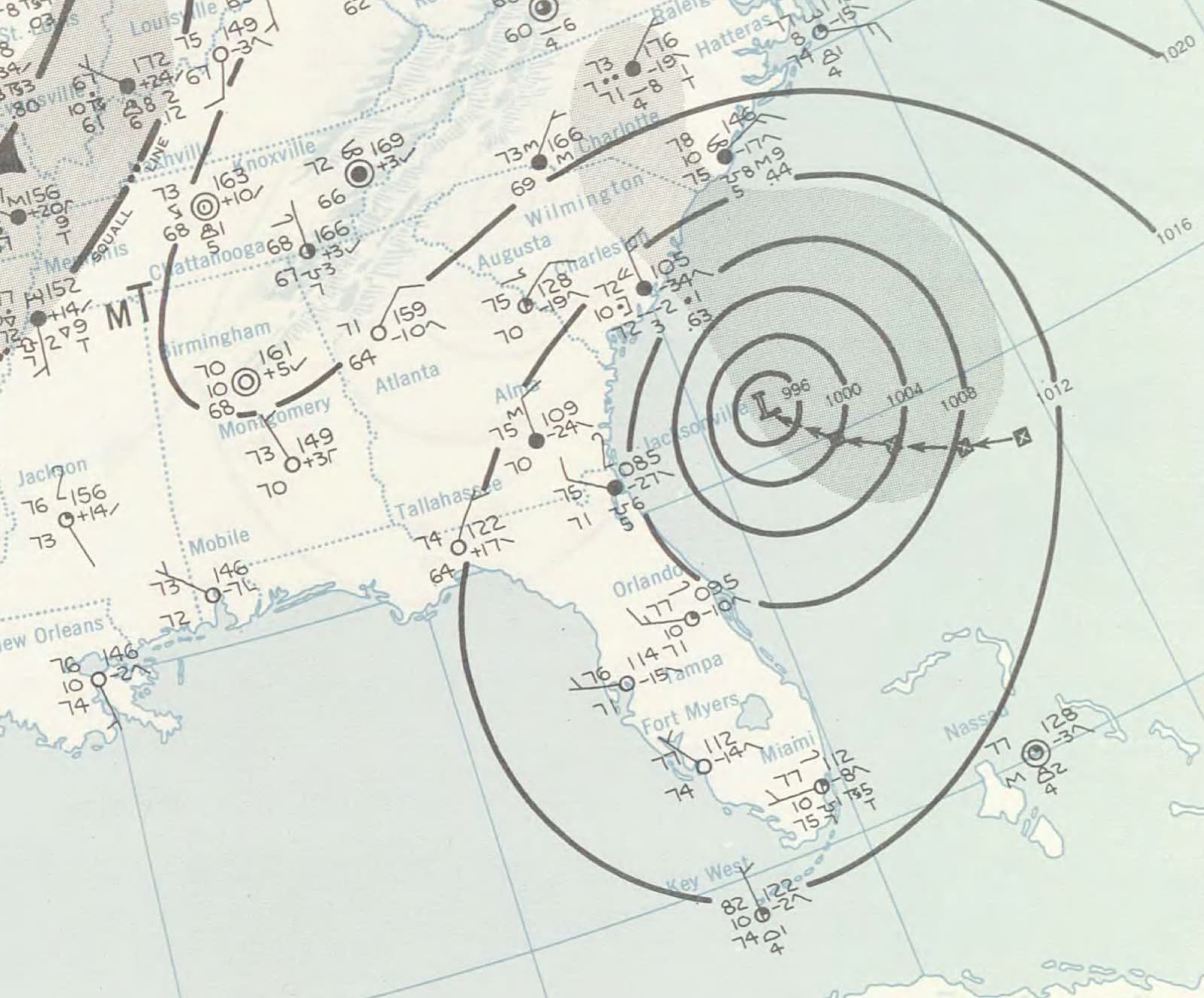 U.S. Weather Bureau surface analysis as Gracie struck St. Helena Sound at Category 4, September 29, 1959