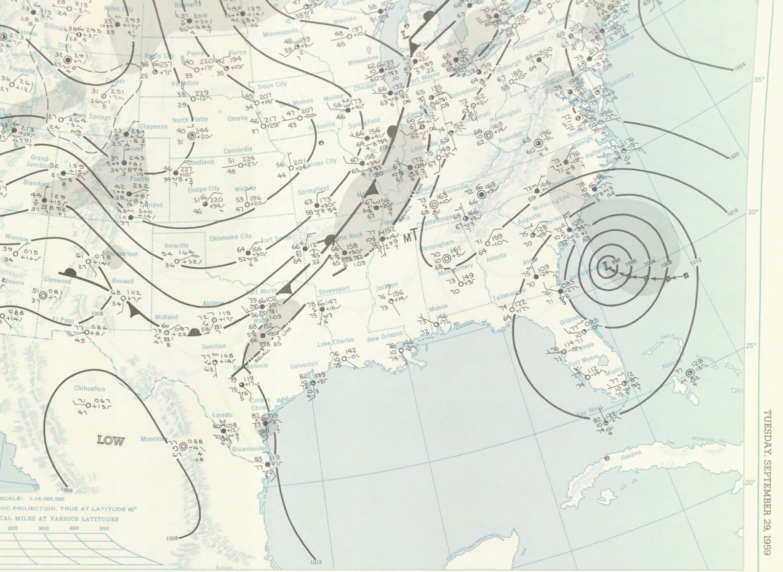 Full daily weather map for September 29, 1959, Gracie at the coast with high pressure blocking to the north