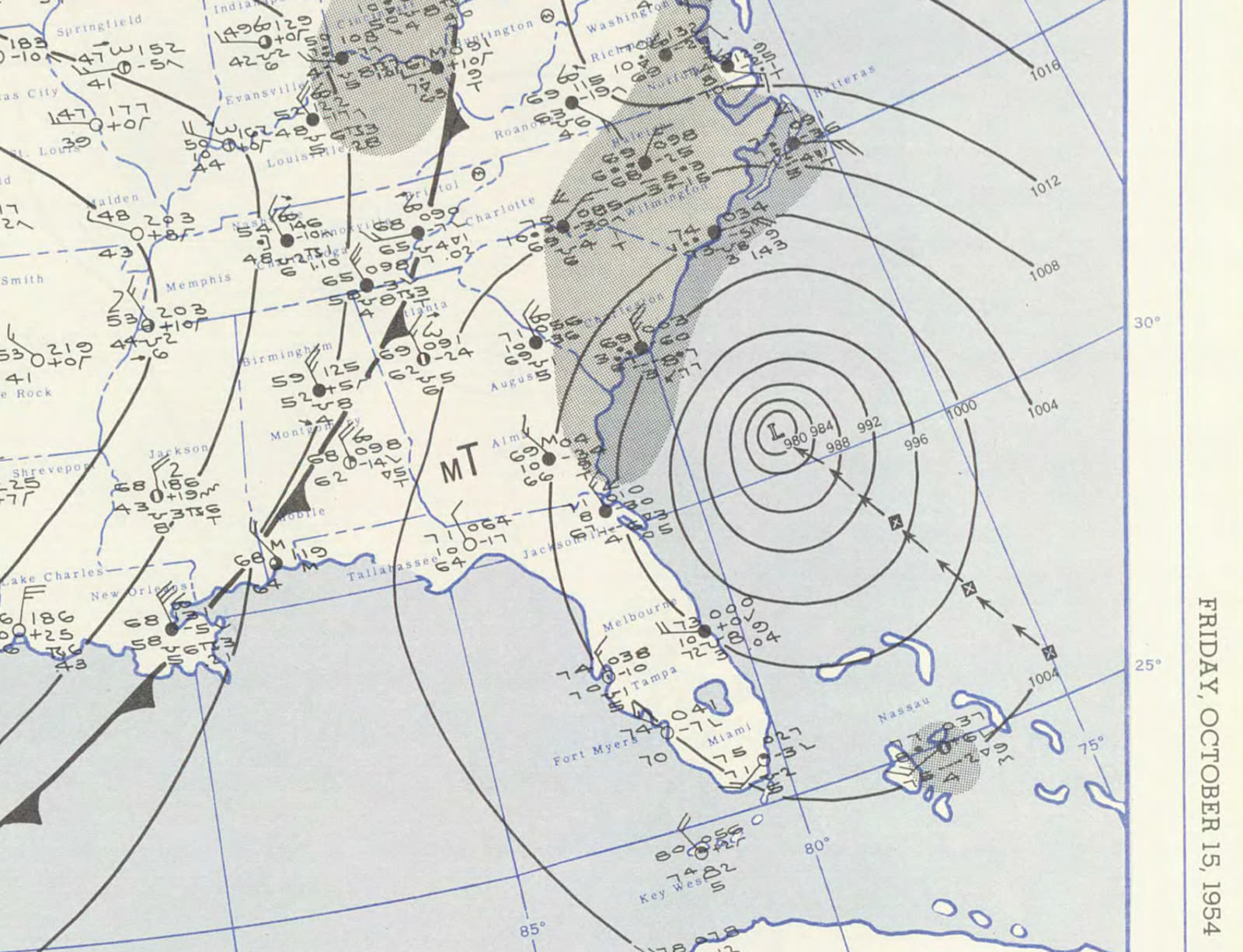 U.S. Weather Bureau surface analysis as Hazel struck the NC/SC line at Category 4, October 15, 1954