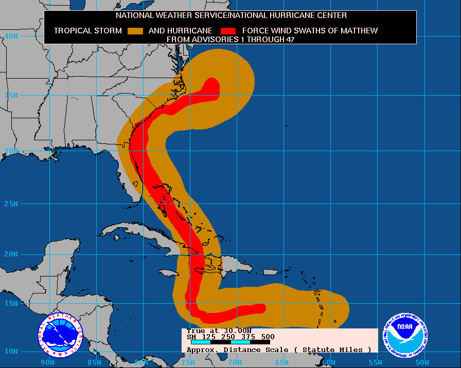 Cumulative wind history, hurricane-force winds brushed 500 miles of coastline without a Florida landfall
