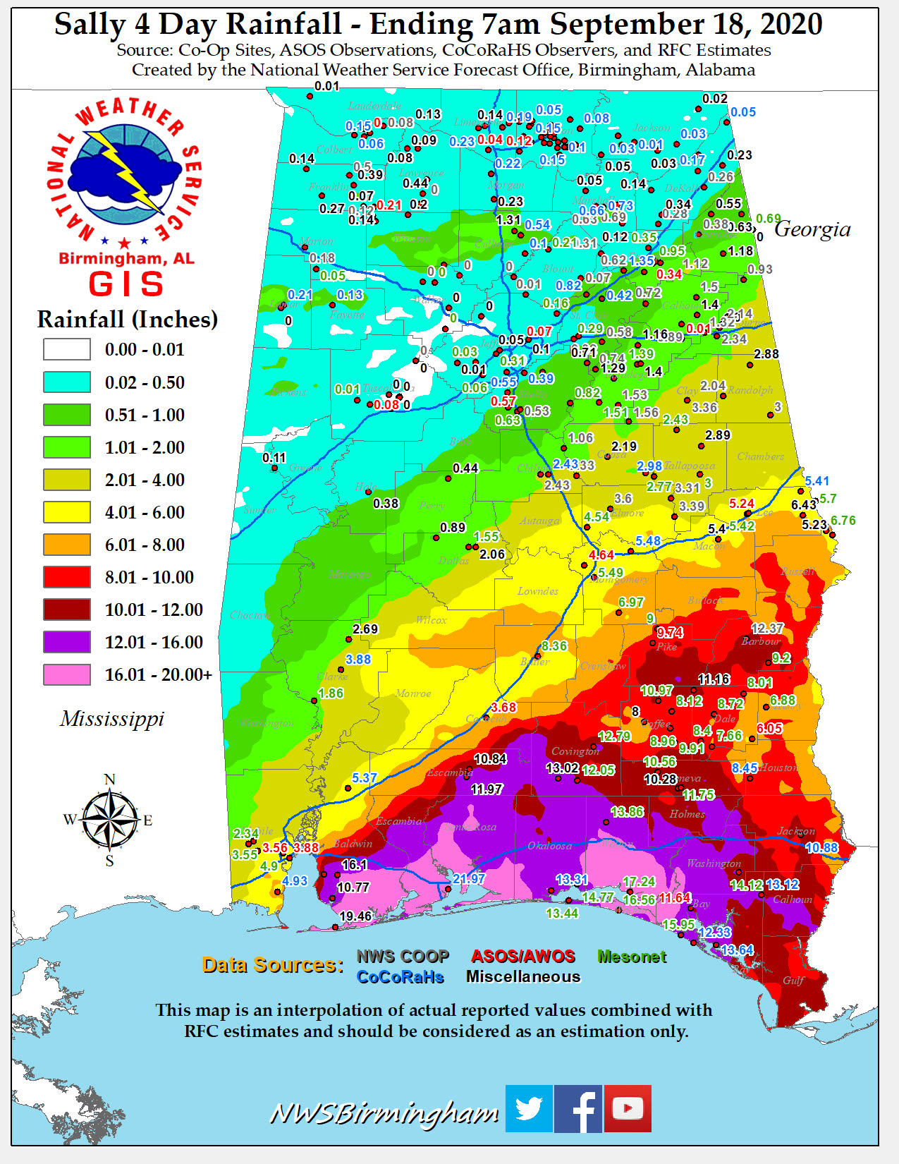 Storm-total rainfall, nearly 30 inches fell near the AL/FL line, two feet on Pensacola