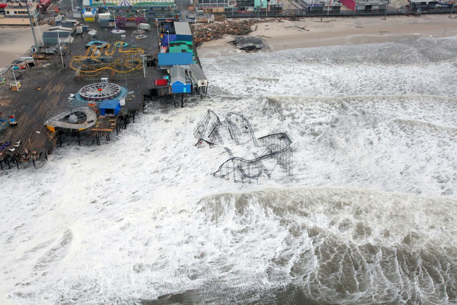 The Casino Pier roller coaster in the Atlantic at Seaside Heights, NJ, shot during a National Guard search-and-rescue flight, October 30, 2012