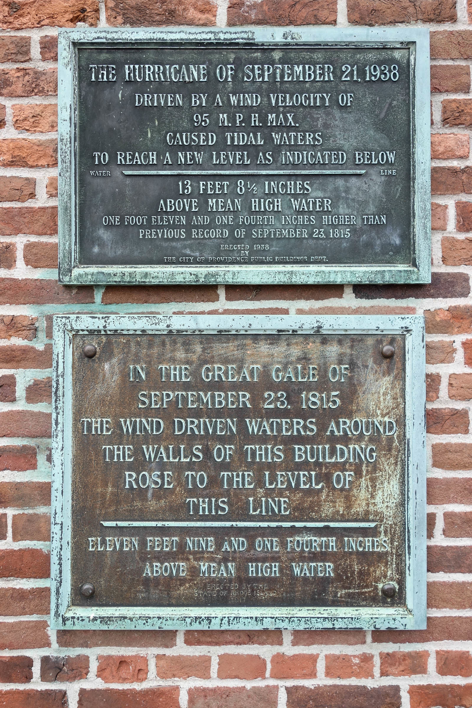 High-water marks at the Old Market House, Providence, the 1938 line sits above the 1815 mark