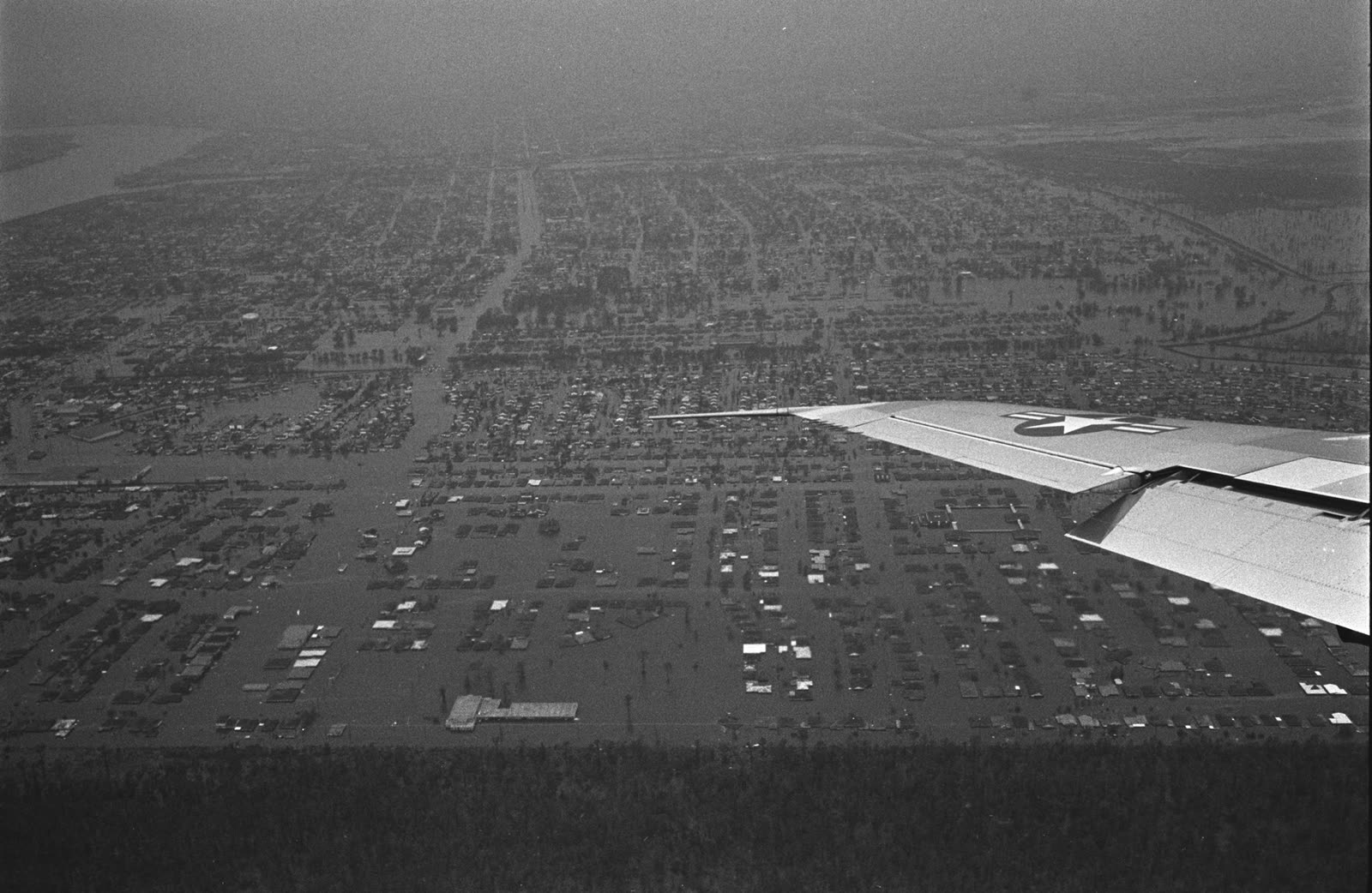 Flooded New Orleans seen from Air Force One as President Johnson toured the disaster, September 10, 1965