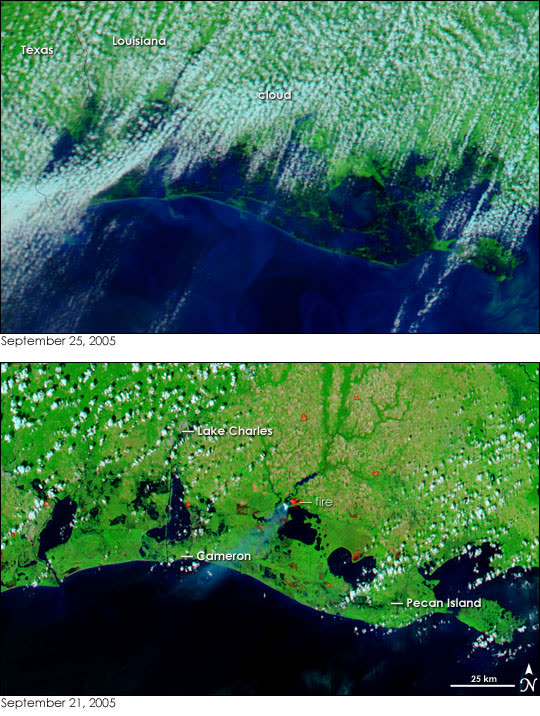 Satellite view of southwest Louisiana coastal flooding the day after landfall, September 25, 2005