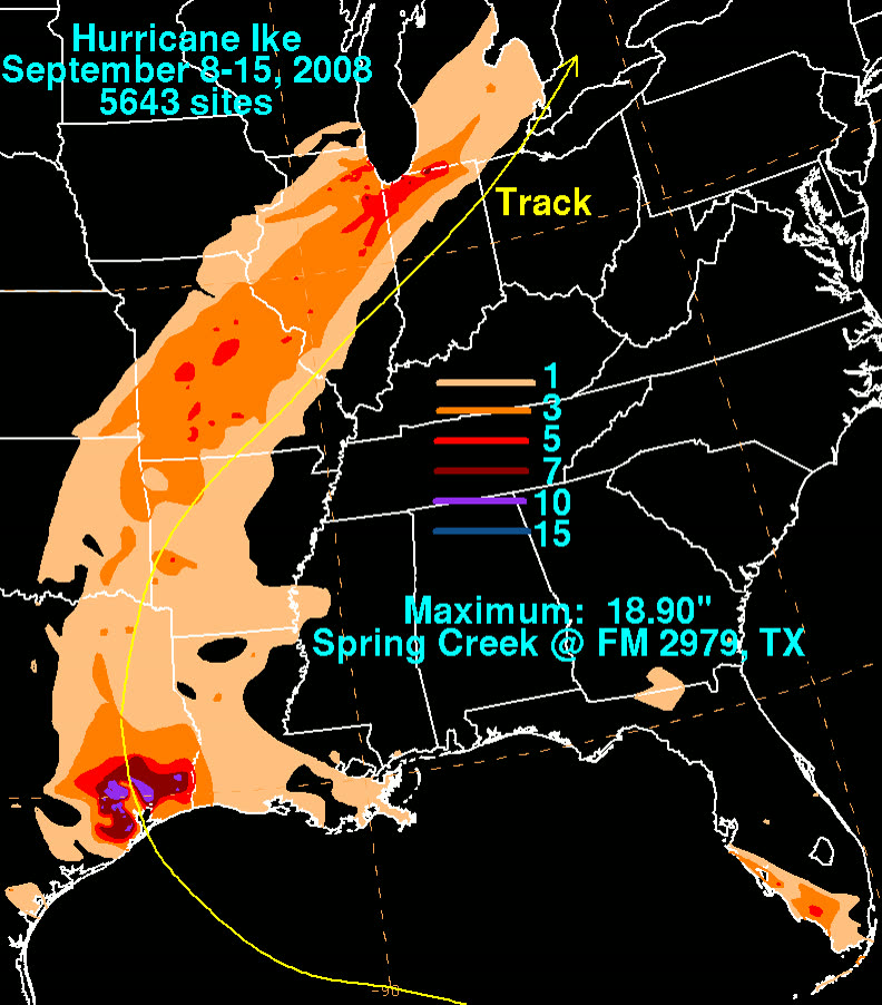 Storm-total rainfall from Ike from the Gulf coast through the Ohio Valley