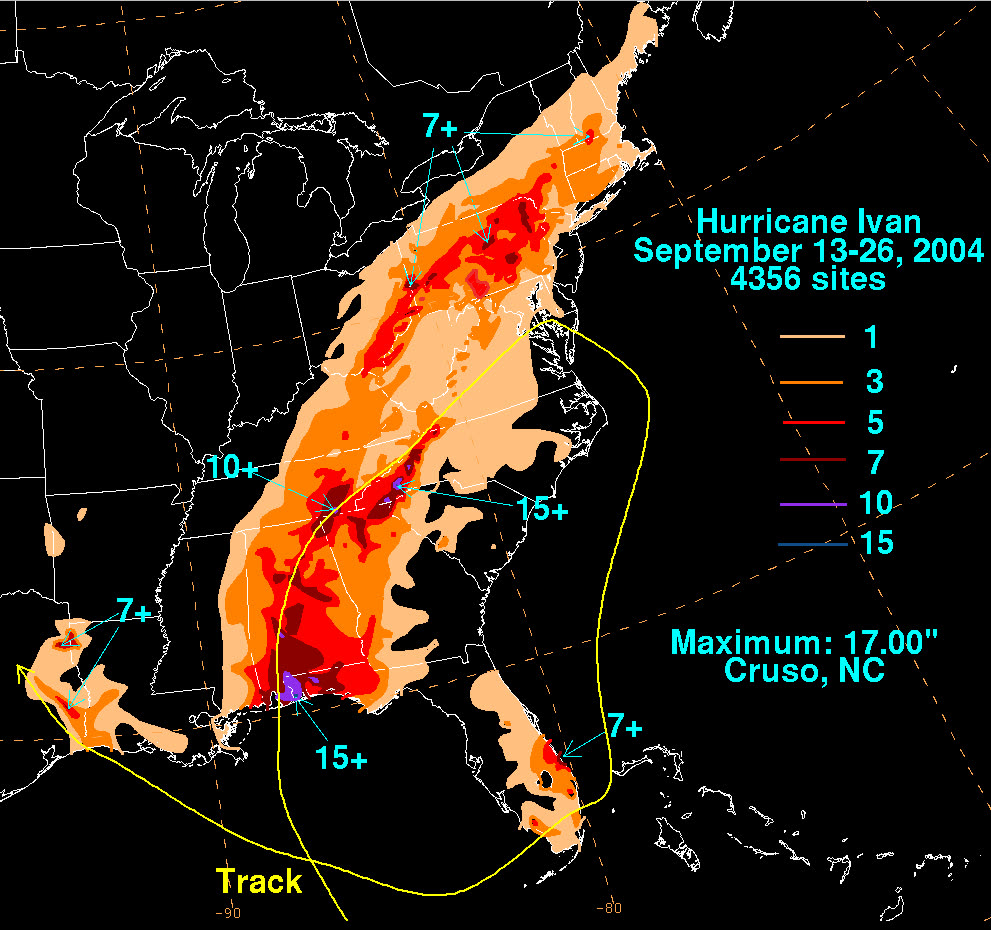 US rainfall from Ivan and its remnants, flooding rains ran from the Gulf Coast to the Mid-Atlantic