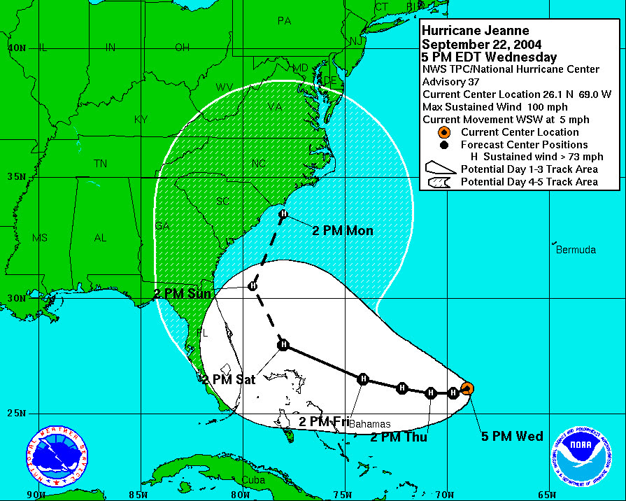 NHC five-day forecast from September 22, as Jeanne finished its loop and turned back toward Florida