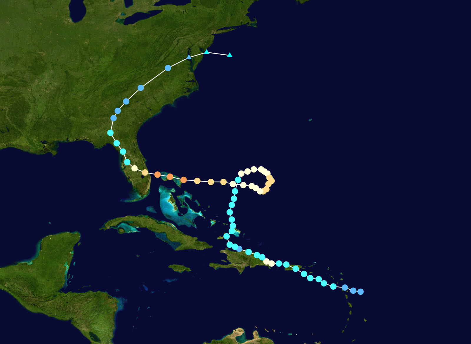 Best track of Hurricane Jeanne, September 13-28, 2004, including the clockwise Atlantic loop