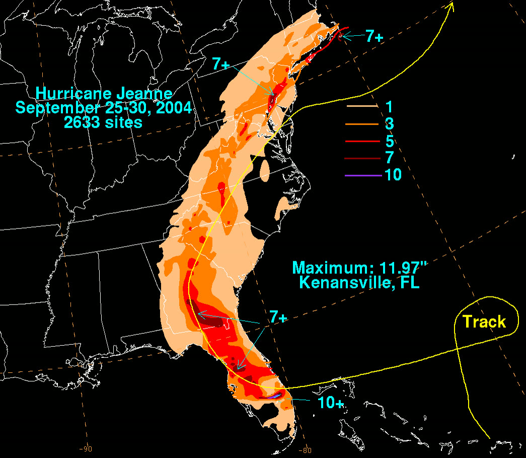 US rainfall from Jeanne, up to 11.97 in at Kenansville, FL, on ground already saturated by three prior storms