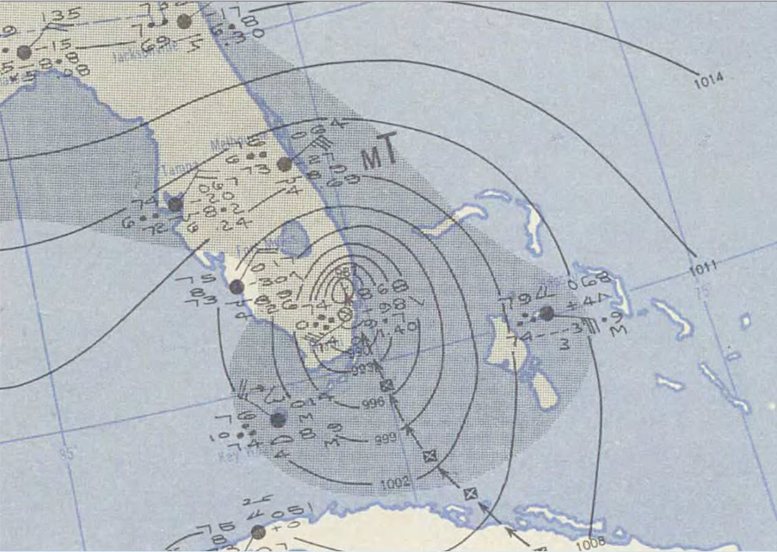 U.S. Weather Bureau surface map, October 18, 1950, King centered over southern Florida