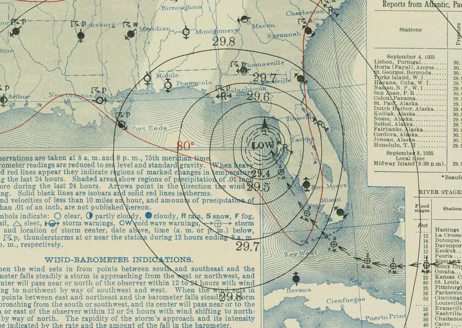 Surface map September 4, 1935, as the storm moved up the Gulf toward a second landfall at Cedar Key
