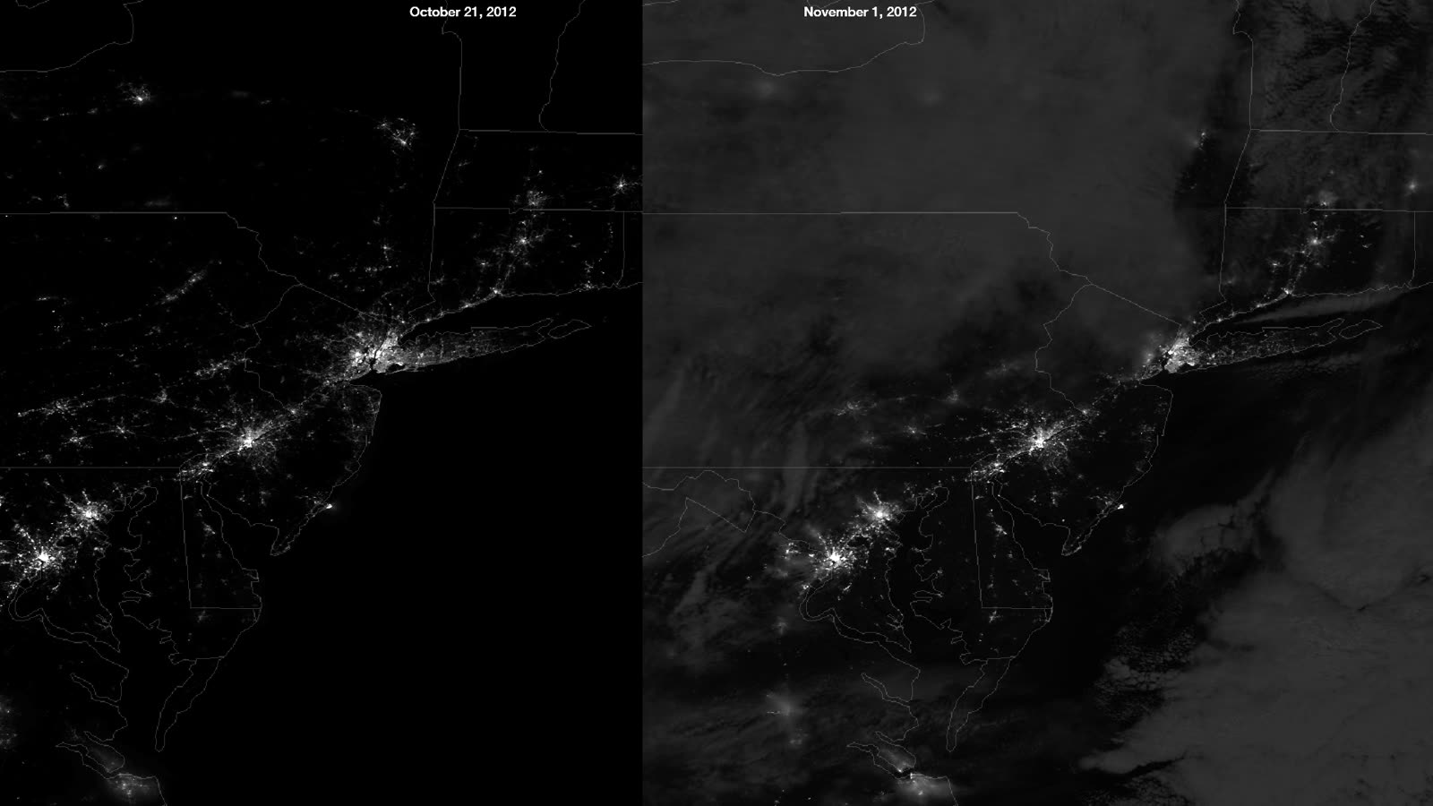 Satellite night-lights comparison of the New York-New Jersey blackout after Sandy, 8.5 million customers lost power