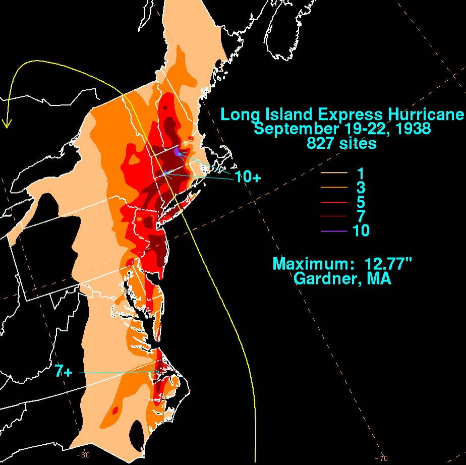 Rainfall footprint of the Long Island Express, up to 10+ inches on ground already saturated by days of rain