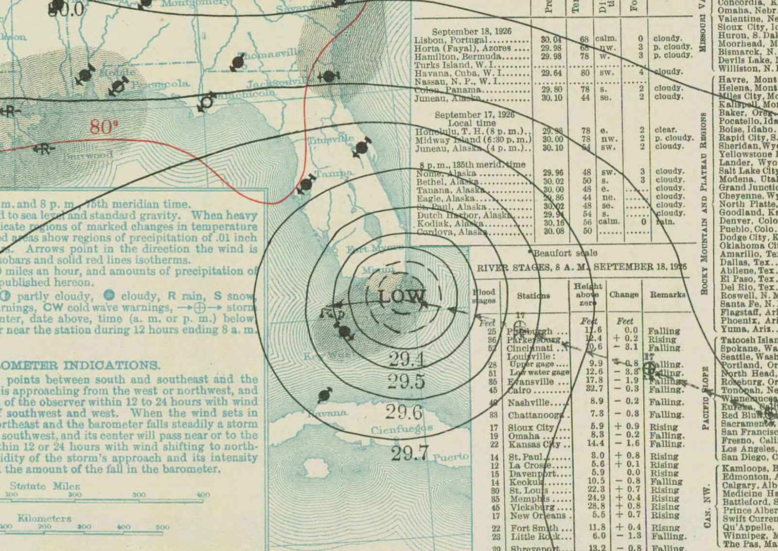 U.S. Weather Bureau surface map, September 18, 1926, the hurricane at the Florida coast