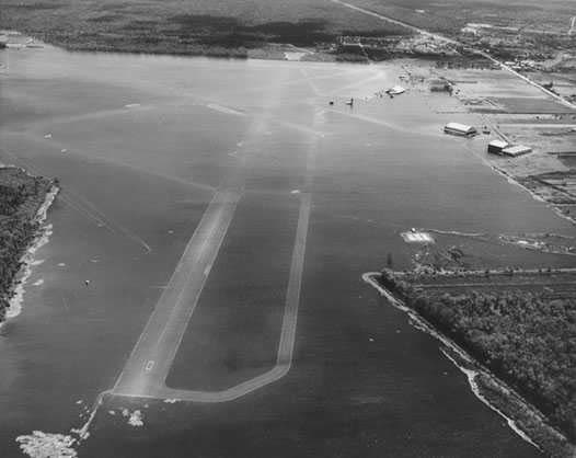 Moisant Airport, New Orleans, under floodwater after the storm's second landfall, September 19, 1947