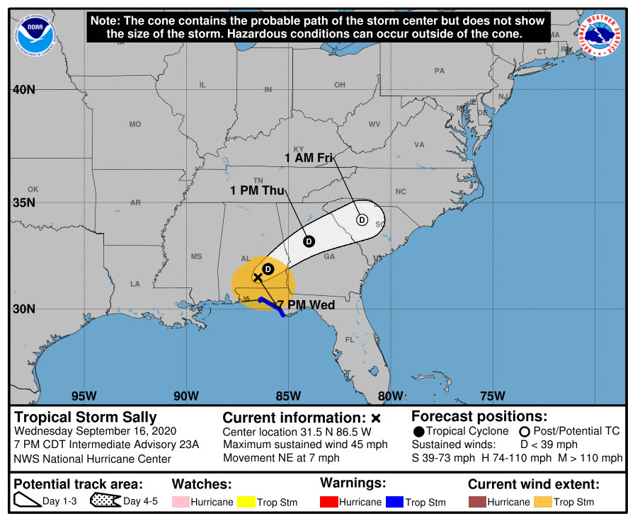 NHC forecast cone for Sally as it approached the northern Gulf Coast