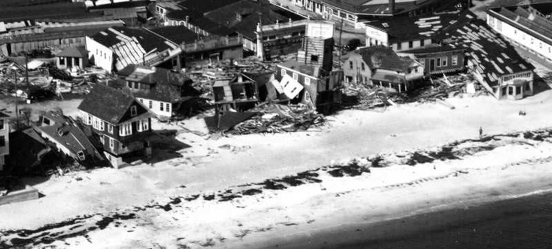 Army Air Corps aerial of Ocean Beach, Fire Island, NY, stripped by the surge