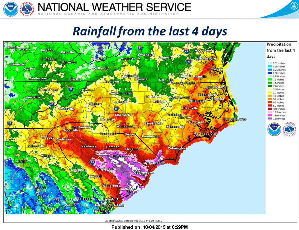 October 1-5, 2015 rainfall across the Carolinas. The white core over the Midlands and Lowcountry topped 20 inches; Mount Pleasant recorded 26.88 inches. This is where the storm actually landed, on South Carolina, as rain.