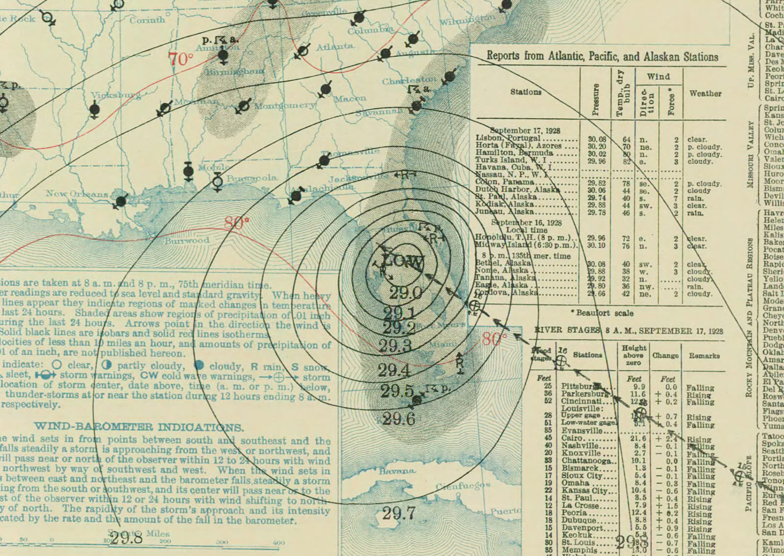 U.S. Weather Bureau surface map at Florida landfall, September 17, 1928