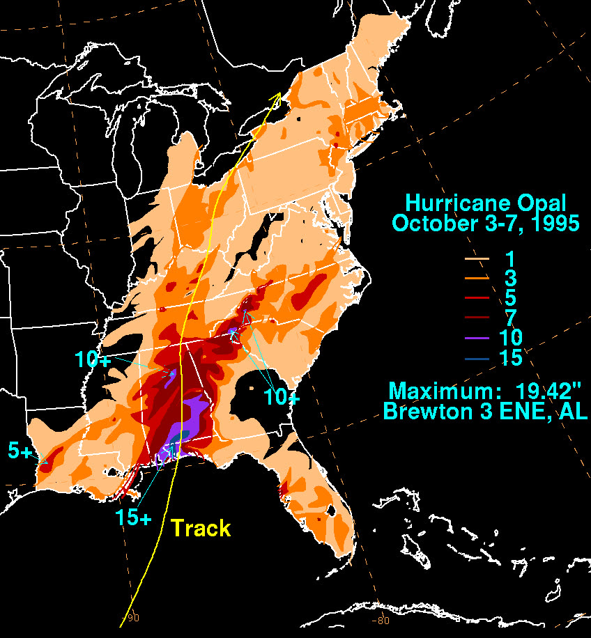Rainfall totals from Opal across the eastern US as it raced inland to Ontario