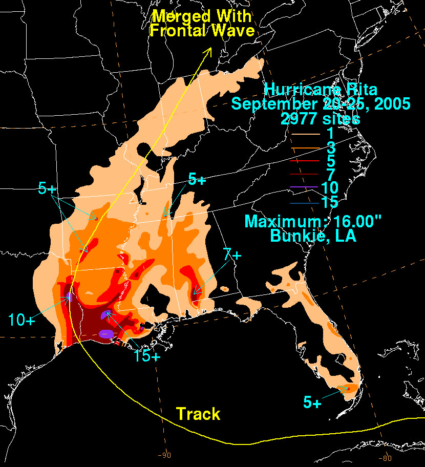 Storm-total rainfall from Rita across Louisiana, Texas, and the lower Mississippi Valley