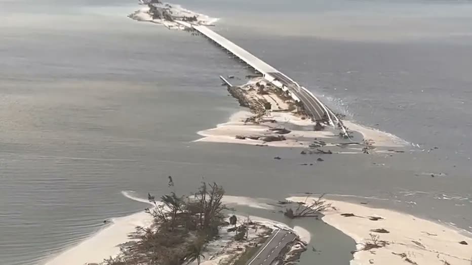 The Sanibel Causeway, breached in multiple sections by storm surge, Sanibel was cut off from the mainland