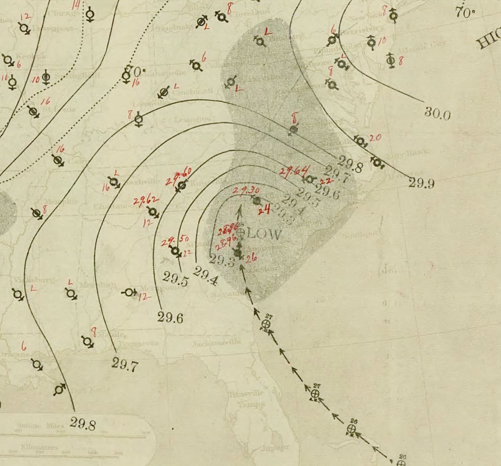 U.S. Weather Bureau surface map, August 28, 1893, the hurricane over the Southeast