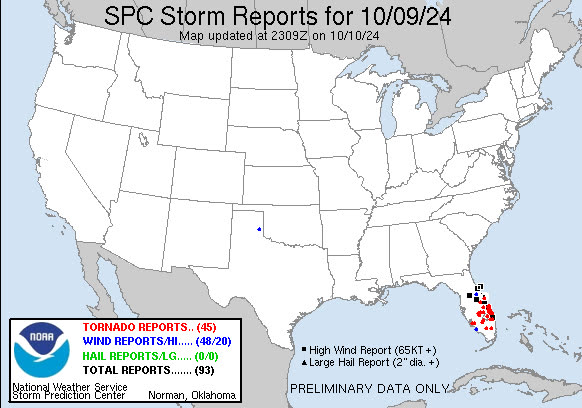 SPC storm reports for October 9, 2024, the deadly pre-landfall tornado outbreak across the peninsula