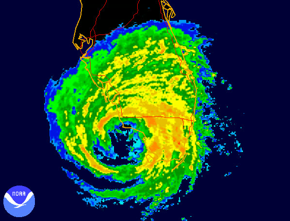 Radar as Wilma's huge eye came ashore at Cape Romano the morning of October 24, 2005 - the storm crossed the peninsula in about 4.5 hours